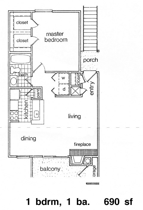 Floor plan for 1 bed, 1 bath, 690 sqft
